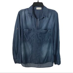 Anthropologie Cloth & Stone Hi/Lo Chambray Roll Tab Sleeve V-Neck Tunic Size S